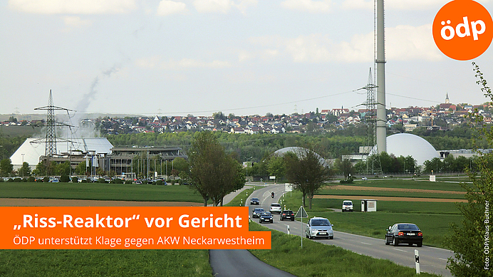 Blick auf AKW Neckarwestheim mit Reaktorgehäuse und Kühlturm
